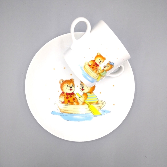 Fine China Child's Dinner Set Toddler Child Teddy Bear Rowboat Plate Cup Vtg - Picture 2 of 14